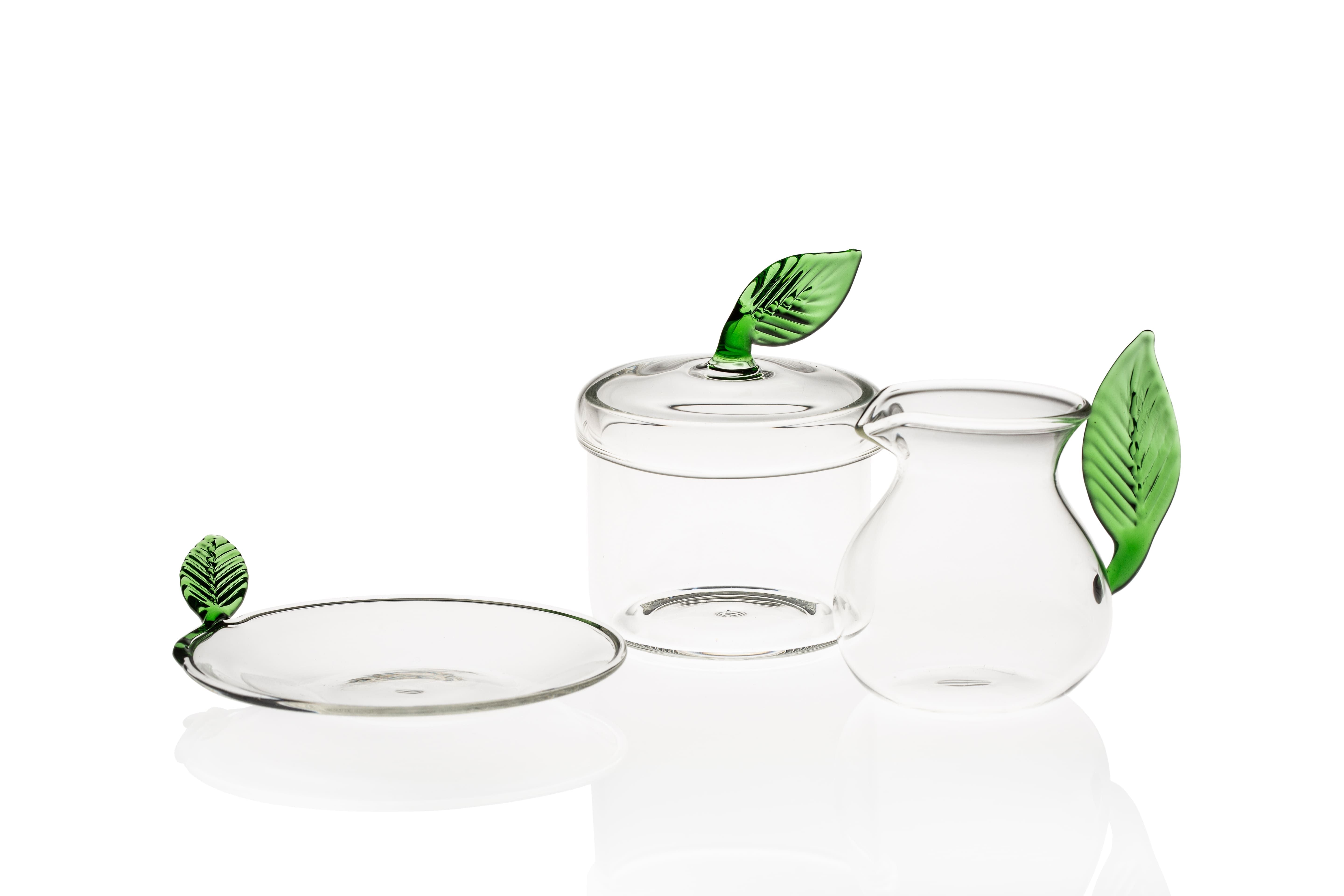 Glass Saucers with Green Leaf on Side (Set of 2)