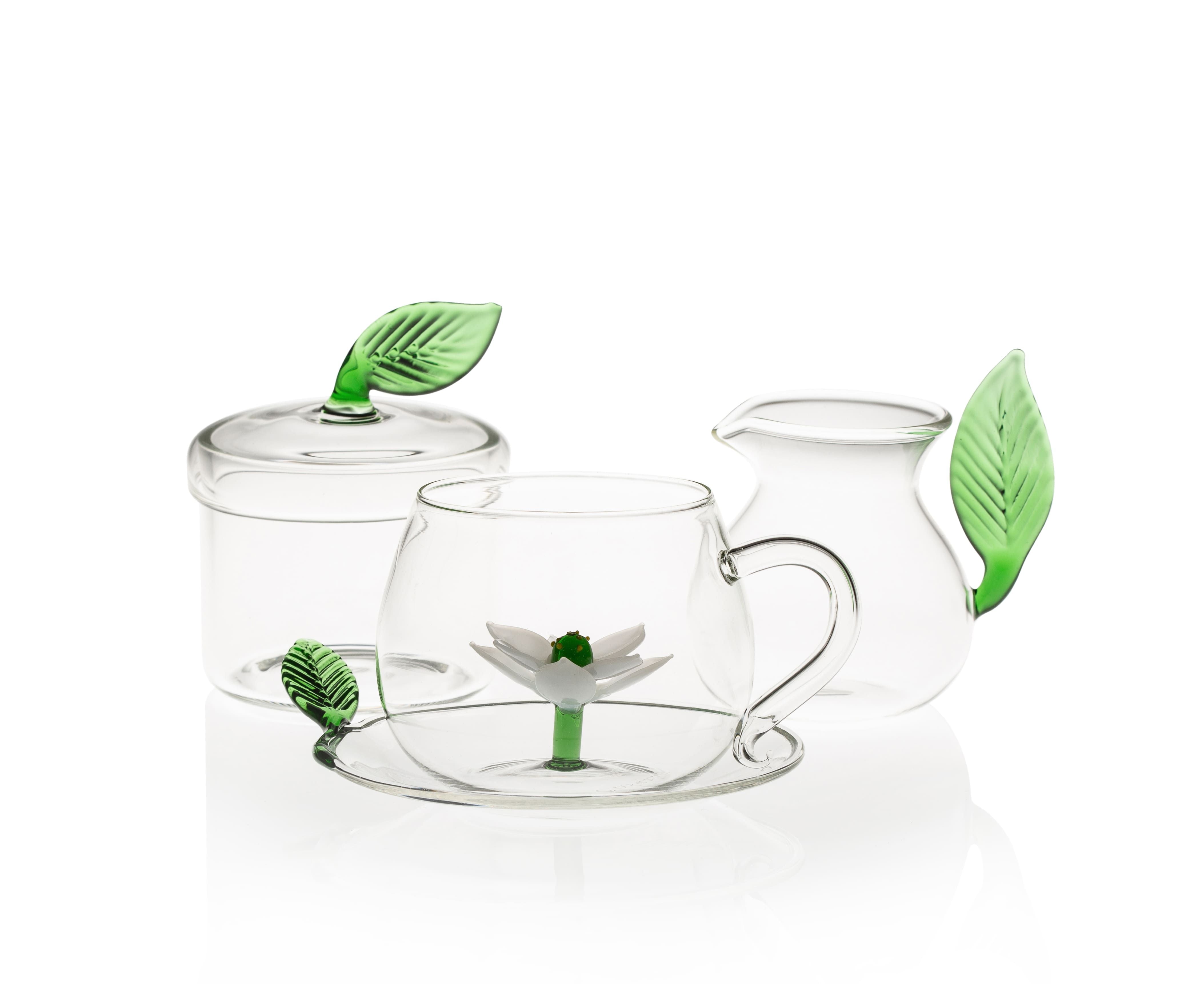 Glass Saucers with Green Leaf on Side (Set of 2)